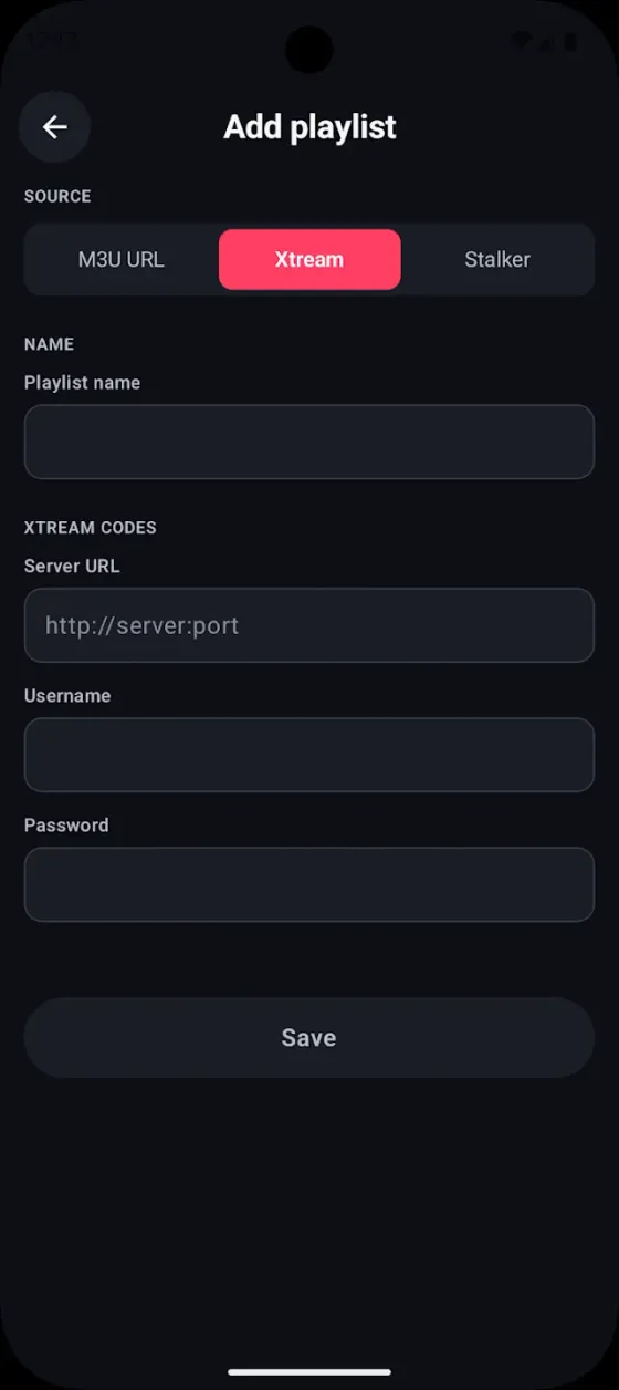 Add playlist screen on Android with M3U URL, Xtream and Stalker source tabs and fields for server URL, username and password.