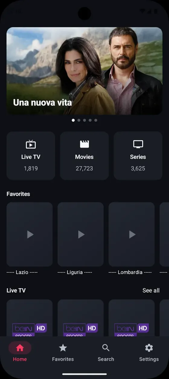 Android home screen with a featured title, channel, movie and series counts, a favourites row and a live TV row.