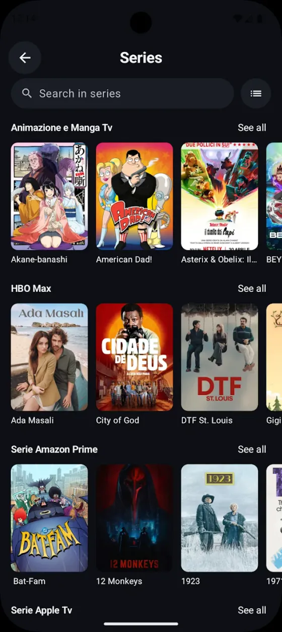 Series browser on Android with a search field and series grouped into categories, each row scrolling horizontally.