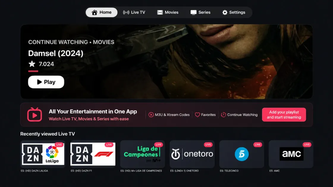 Apple TV home screen with a continue-watching banner, a play button and a recently viewed live TV row.