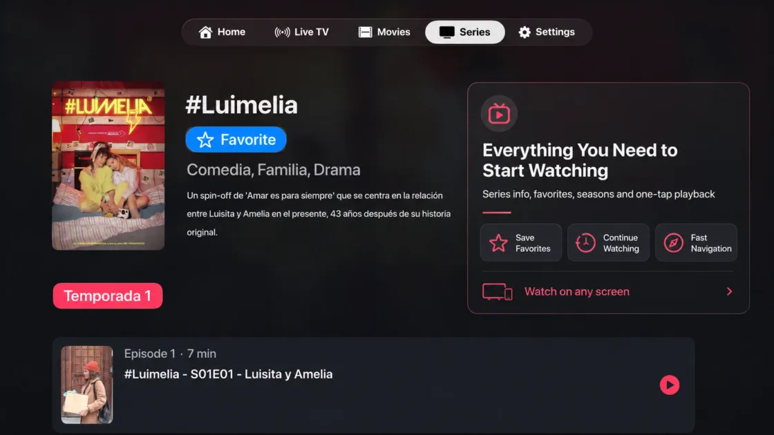 Series detail screen on Apple TV with the poster, genres, synopsis, a favourite button, season selector and the first episode ready to play.