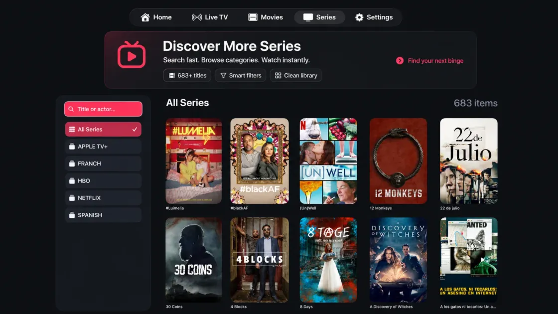 Series library on Apple TV with a category sidebar, a title and actor search field and a grid of series posters.