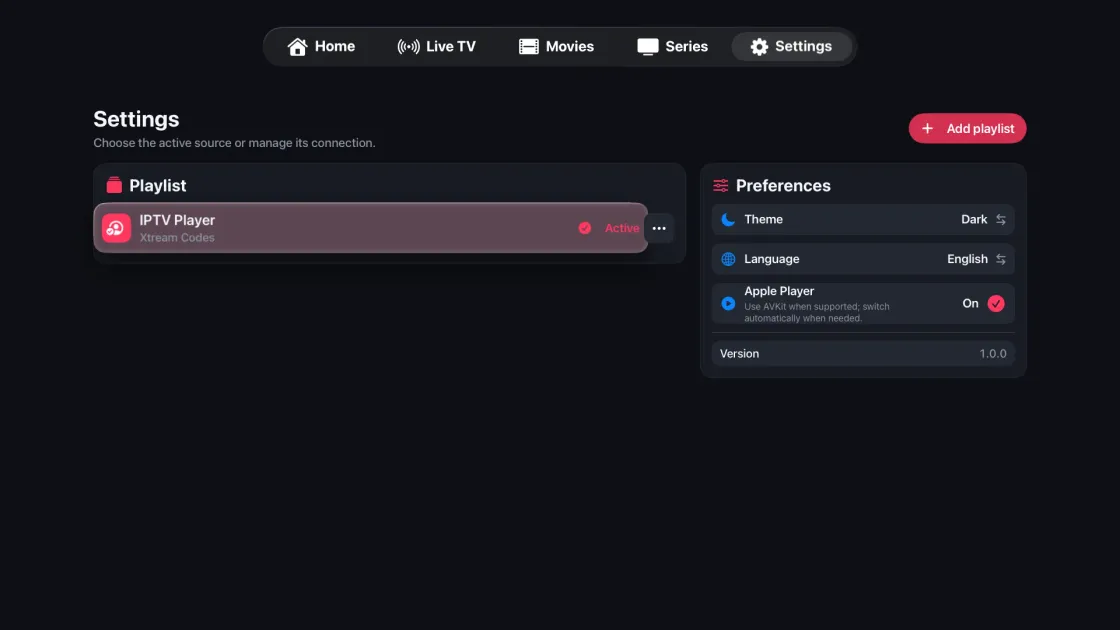Settings screen on Apple TV showing the active playlist source alongside theme, language and Apple player preferences.