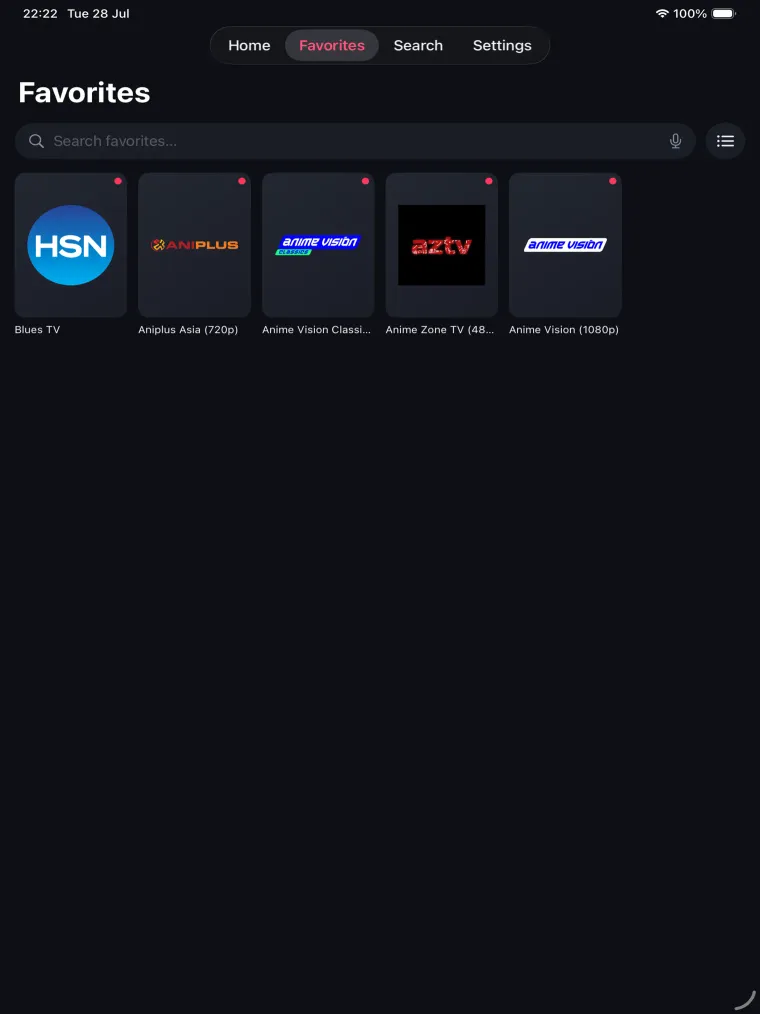 Favorites on iPad showing saved channels as tiles, each removable from the grid.
