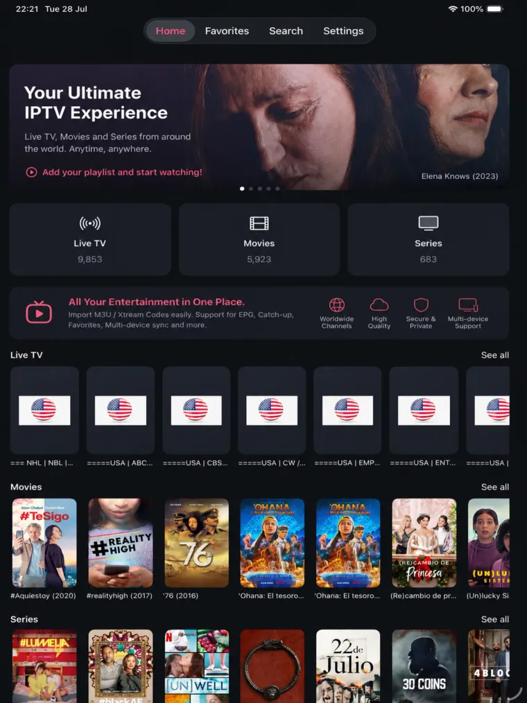 iPad home screen with a featured banner, section counts and rows for live TV, movies and series.