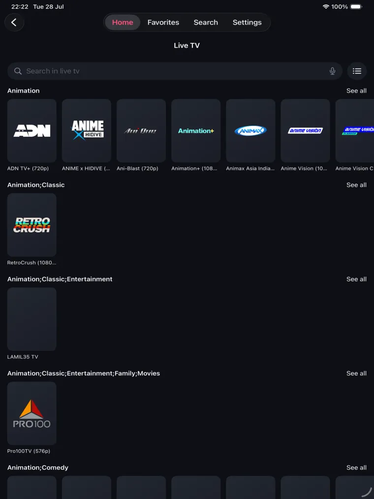 Live TV on iPad with a search field and channels grouped by category, each row scrolling horizontally.