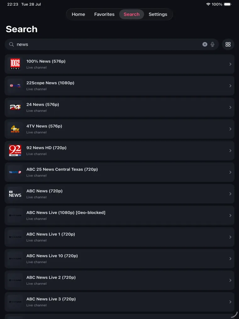 Search results on iPad listing matching live channels with their resolution and a geo-blocked marker where it applies.
