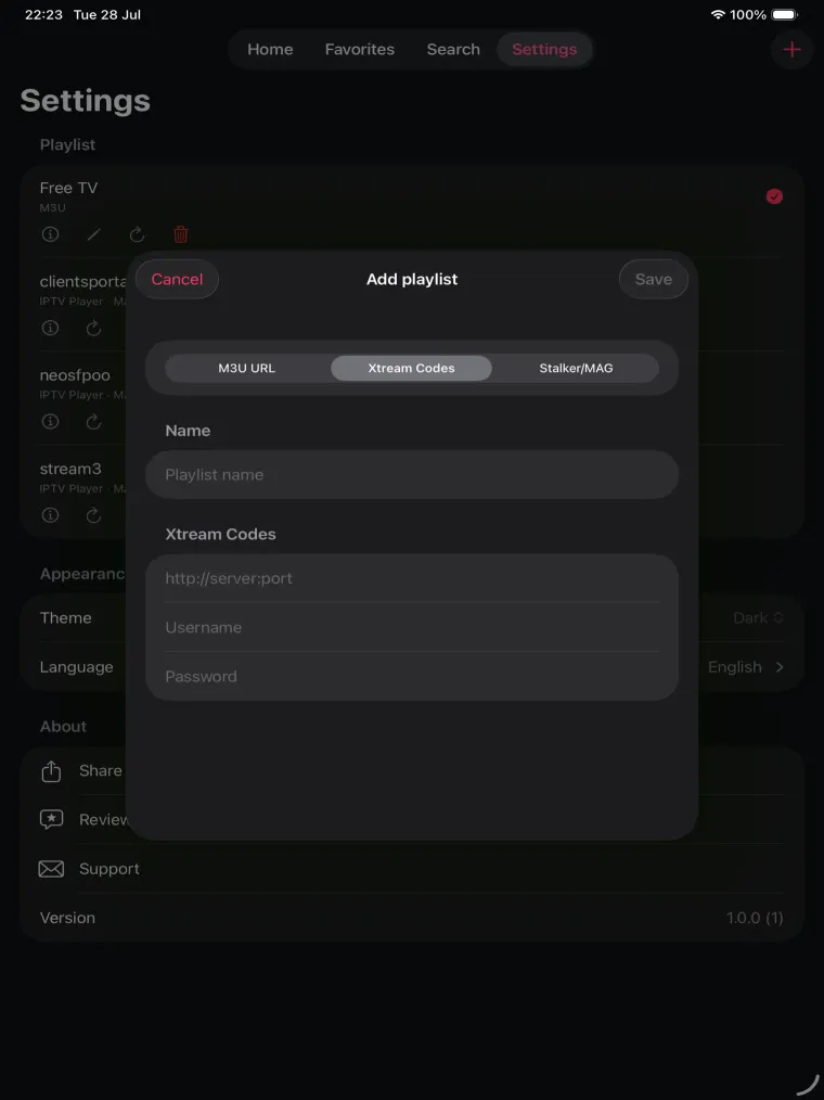 Settings on iPad with the saved playlist list behind an add-playlist sheet offering M3U URL, Xtream Codes and Stalker/MAG.