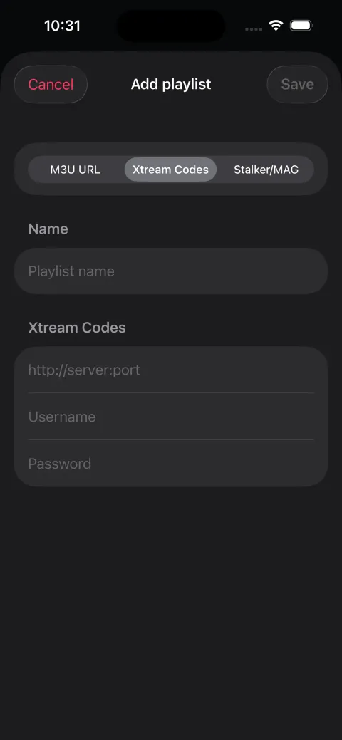 Add playlist sheet on iPhone with M3U URL, Xtream Codes and Stalker/MAG tabs and fields for server, username and password.