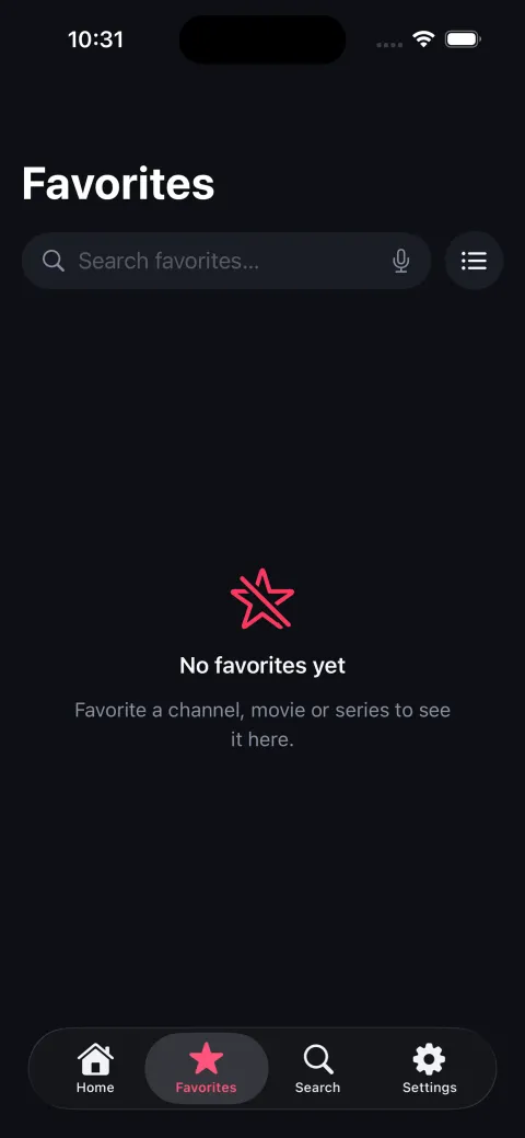 Favorites screen on iPhone with a search field and an empty state explaining that channels, movies and series can be favourited.
