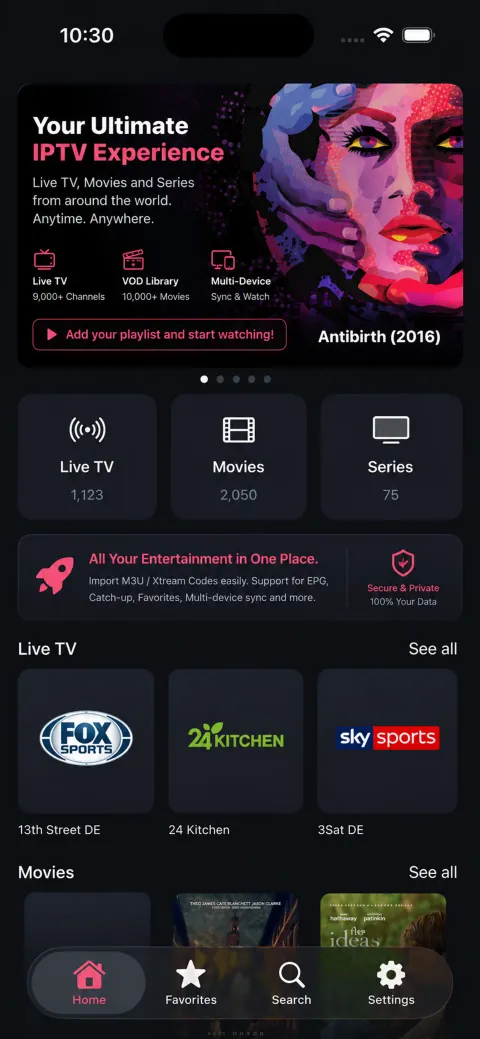 iPhone home screen with a featured banner, live TV, movie and series counts, and rows of channels and titles.