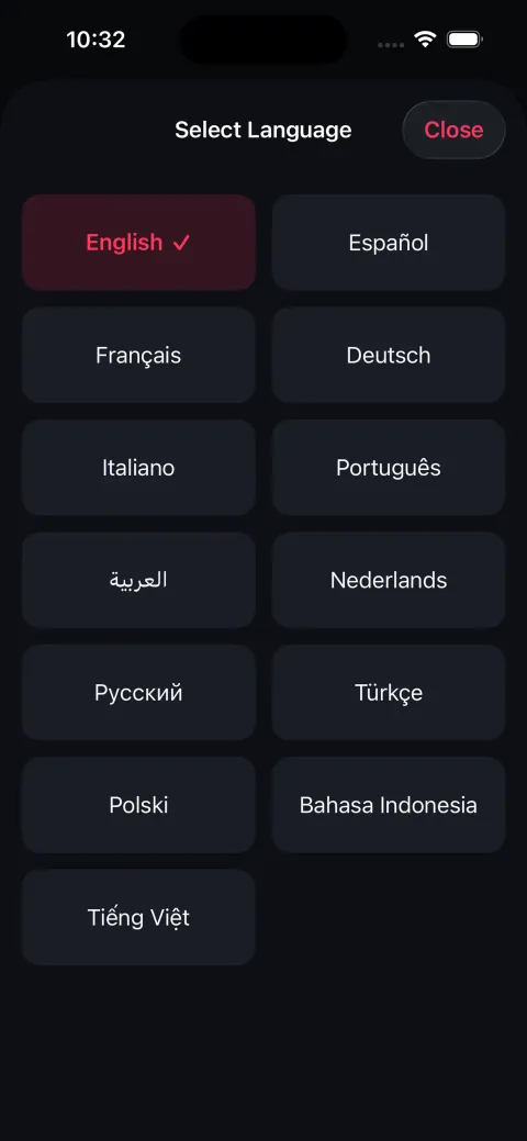 Language picker on iPhone listing English, Español, Français, Deutsch, Italiano, Português, Arabic, Nederlands, Русский, Türkçe, Polski, Bahasa Indonesia and Tiếng Việt.