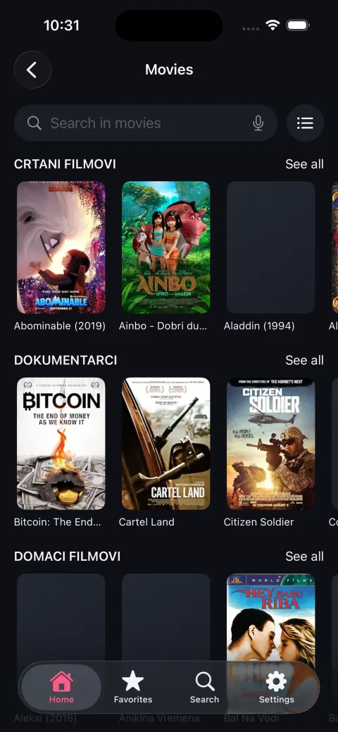 Movie library on iPhone with a search field and posters grouped into categories.